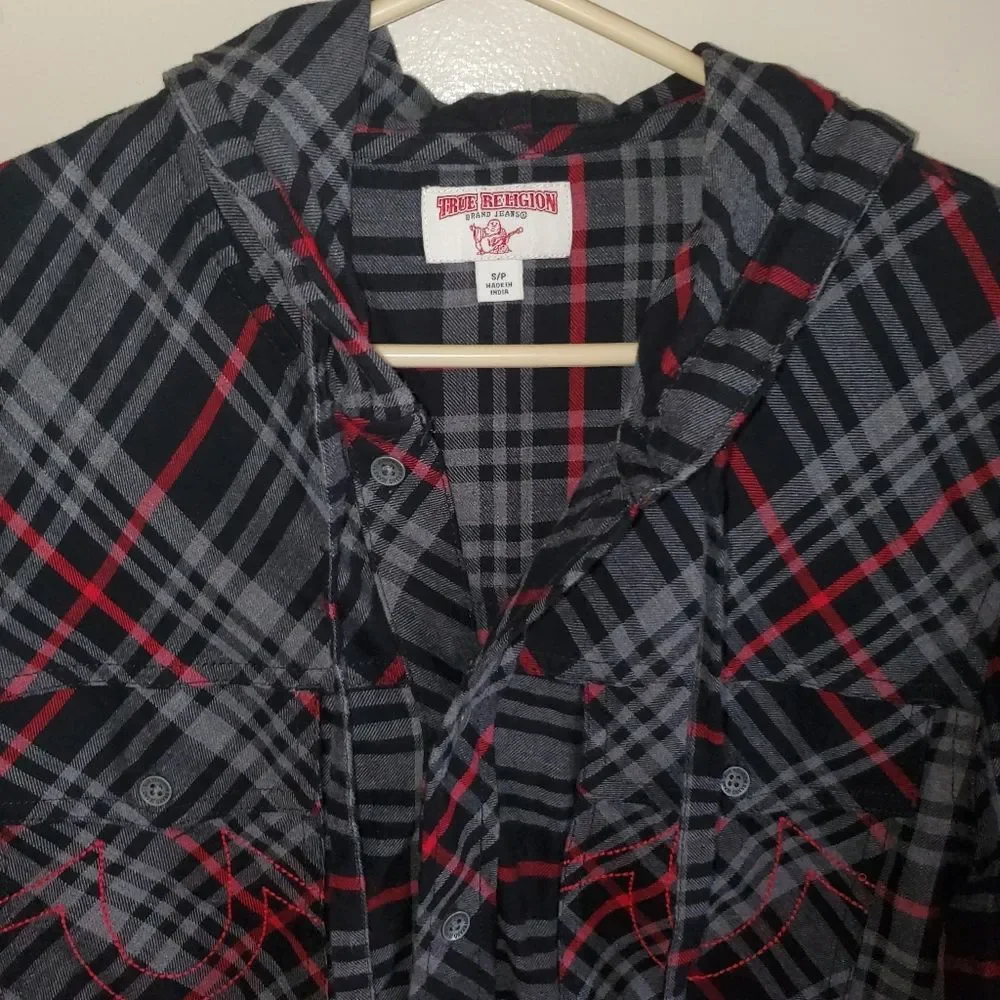 True Religion Mens Plaid Utility Hoodie Black Red Hooded Flannel Shirt Small